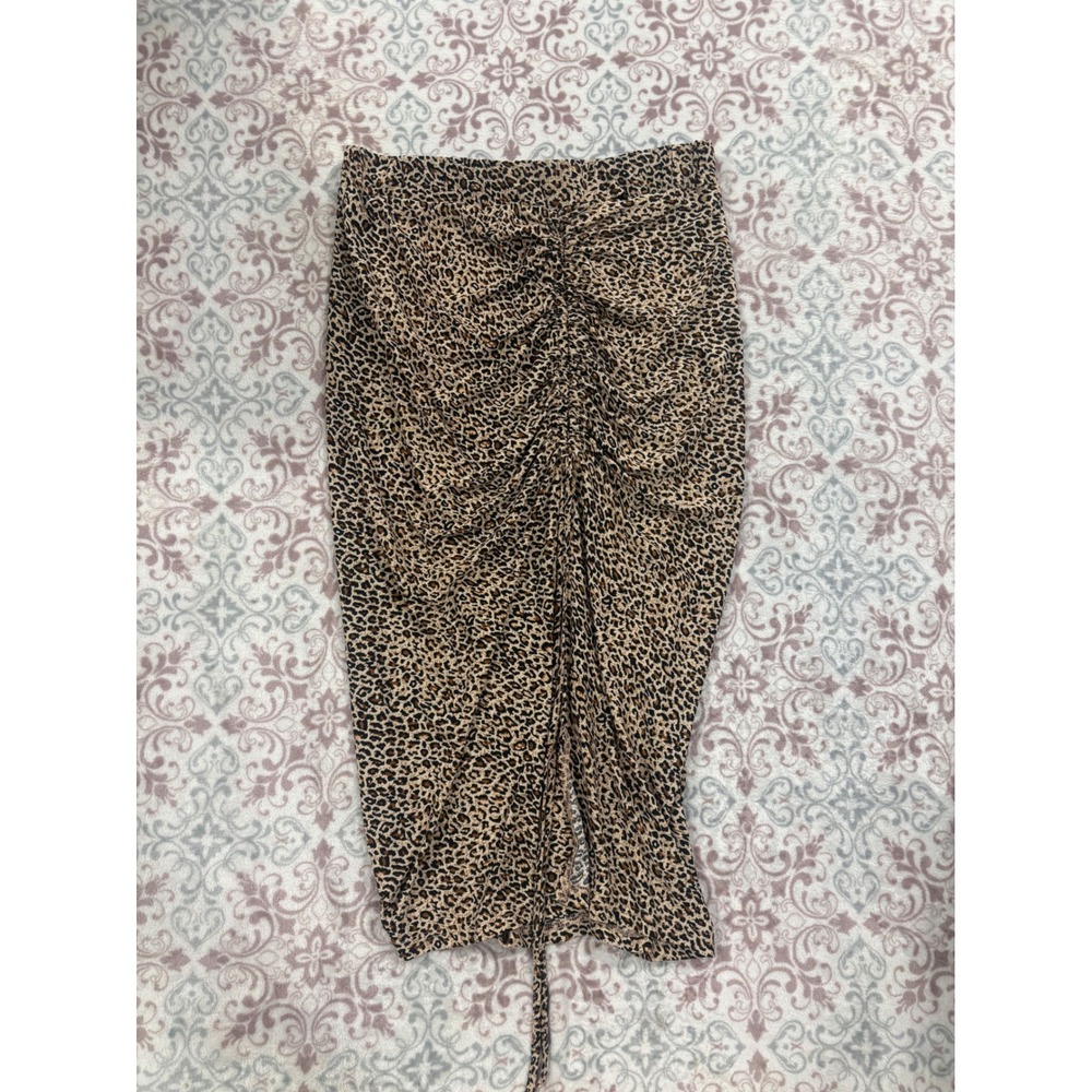 Shein Curve Leopard Print Ruched Midi Skirt 0XL Tan Black Animal Slit